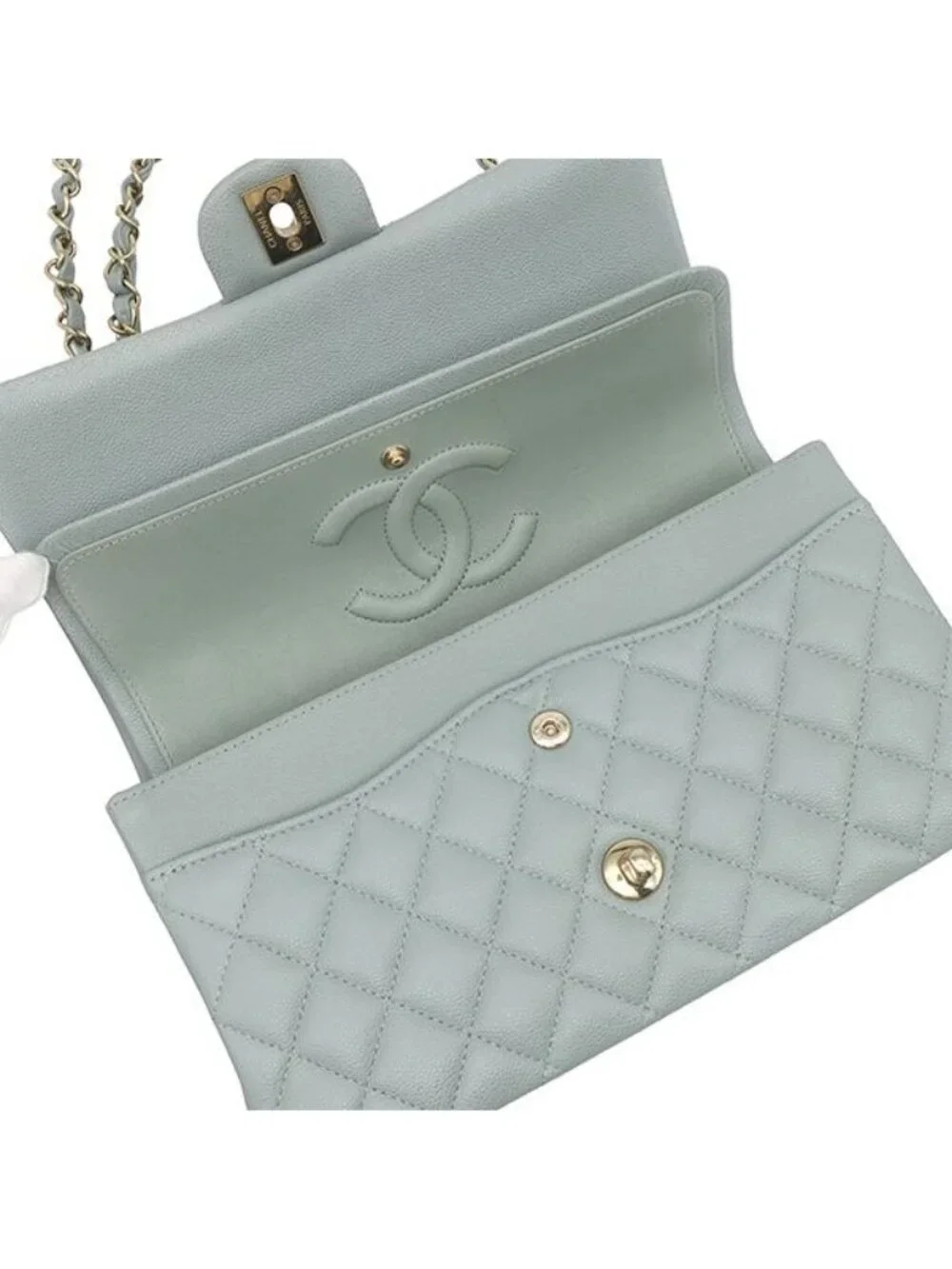 Chanel Shoulder Bag Quilted 25 Double Flap Caviar Leather Green Gold Chain